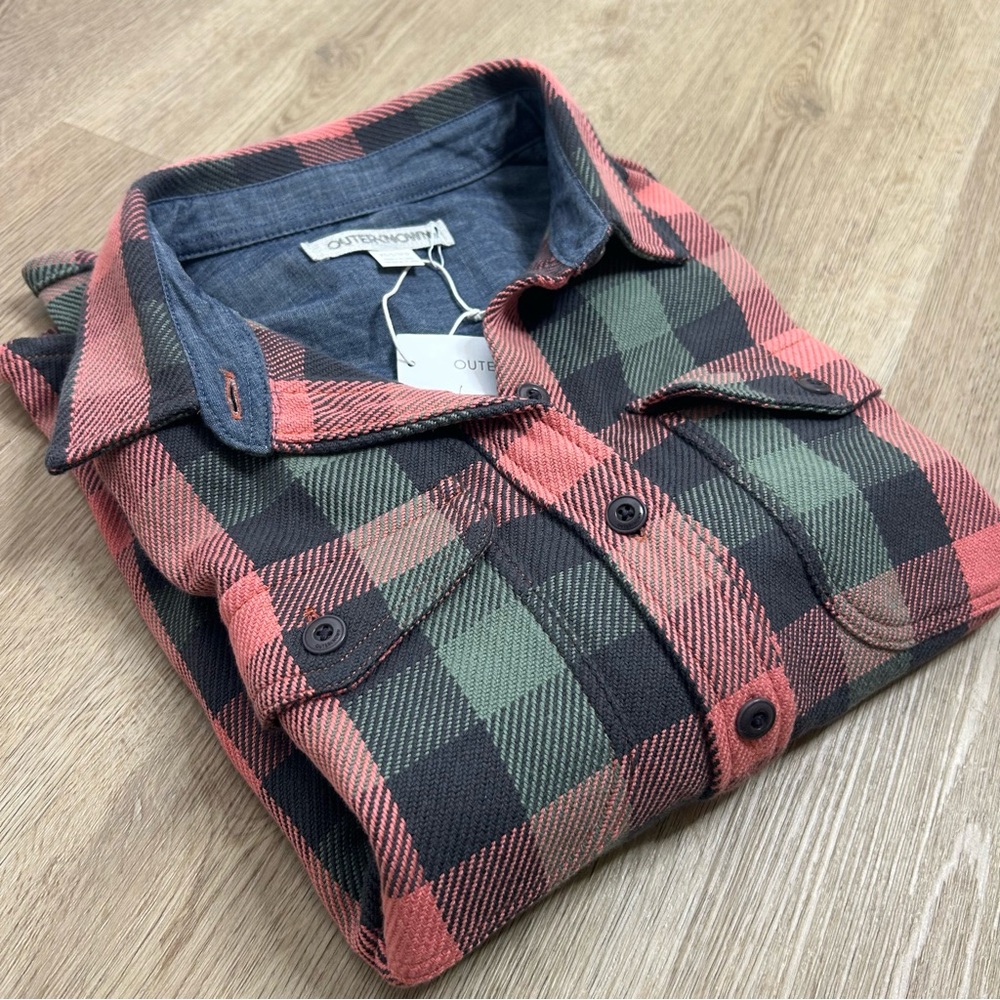 NWT Outerknown 100% Organic Cotton Coral Blue Check Blanket Shirt Button Down
